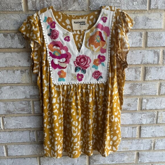 Savanna Jane Tops - Savanna Jane Floral Embroidered V Neck Short Sleeve Blouse Women's Size S